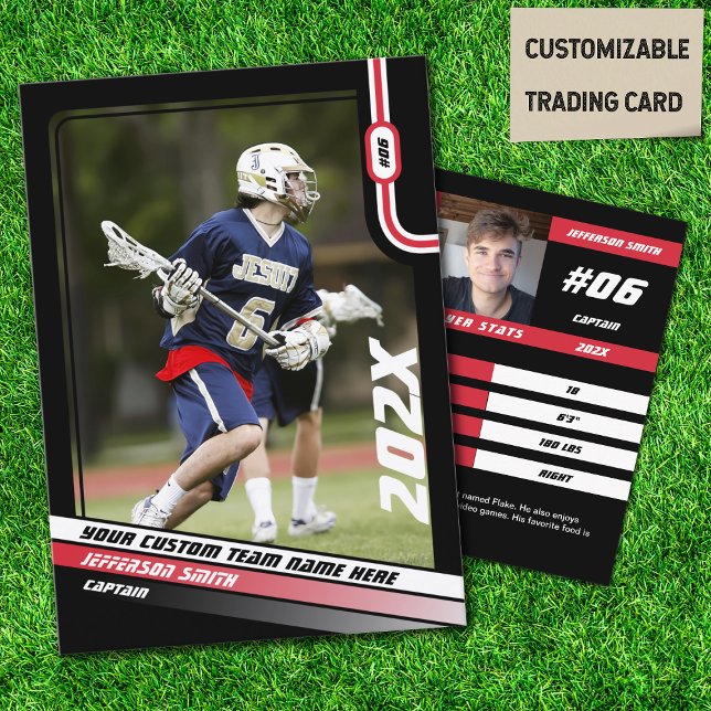 Tarjeta de intercambio del jugador de Lacrosse en  (Lacrosse Player Trading Card in Black with Custom Team Name and Red White Elements)
