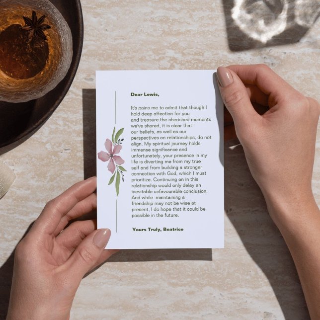 Tarjeta de interrupción centrada en Dios (A breakup card acknowledging the union's end due to God not being at its center.)