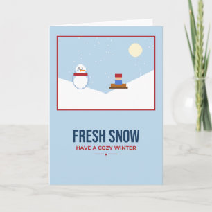 Tarjeta de invierno de hombre de nieve de colina d