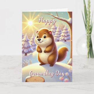 Tarjeta de invierno del Día de la Marmota feliz y