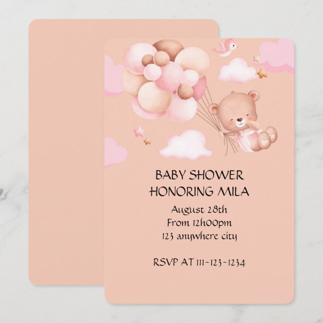 TARJETA DE INVITACIÓN A BABY SHOWER DE NIÑA CON OS (Anverso / Reverso)