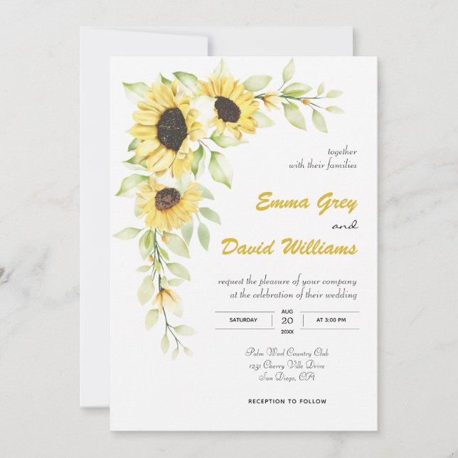 Tarjeta de invitación a boda de girasol acuático (Anverso)