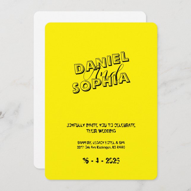 Tarjeta de invitación a boda retro amarilla (Anverso / Reverso)