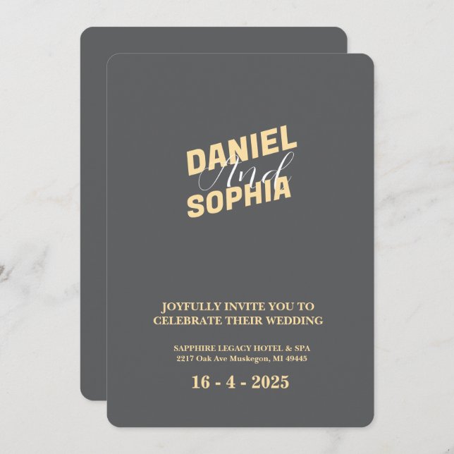 Tarjeta de invitación a boda retro gris (Anverso / Reverso)