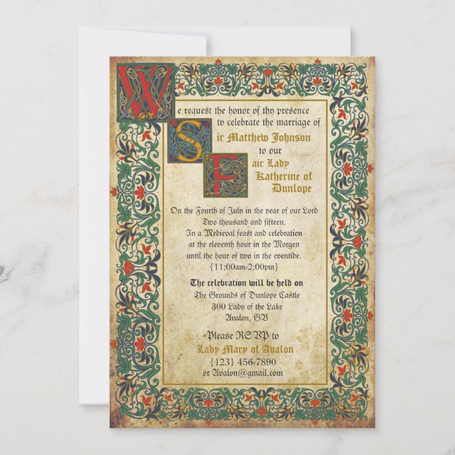 Tarjeta de invitación a bodas de manuscrito mediev (Anverso)