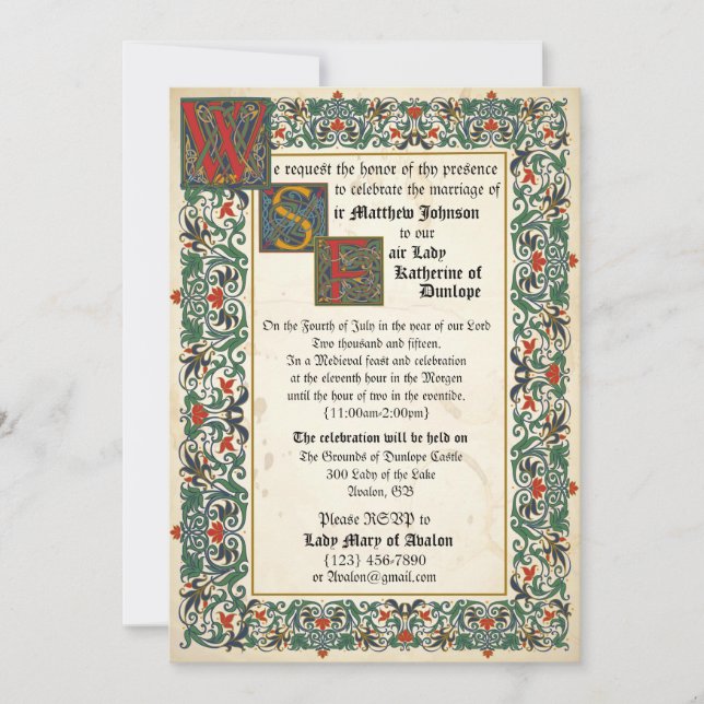 Tarjeta de invitación a bodas de manuscrito mediev (Anverso)