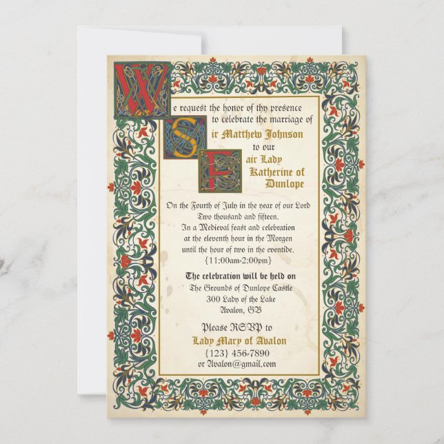 Tarjeta de invitación a bodas de manuscrito mediev (Anverso)
