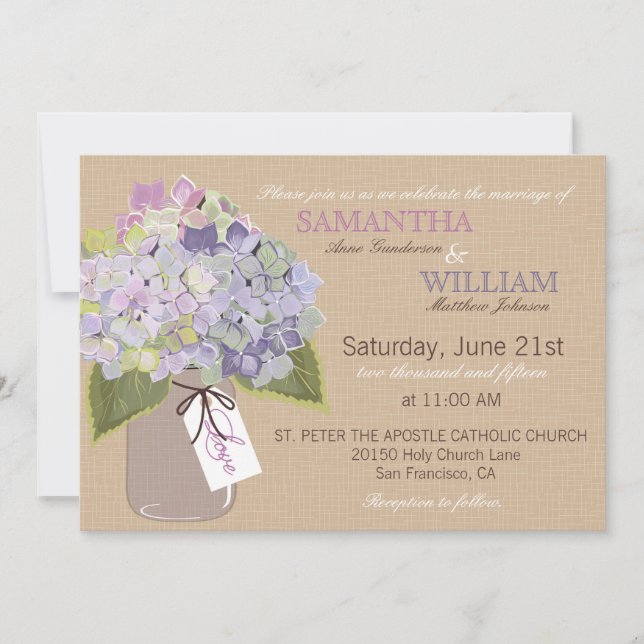 Tarjeta de invitación a bodas rusticas Hydrangea B (Anverso)