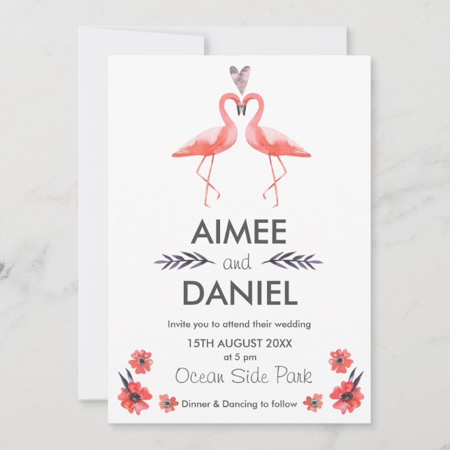 Tarjeta de invitación a bodas tropicales Flamingo  (Anverso)