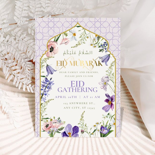 Tarjeta de invitación a Eid Floral Purple Lilac (Celebrate the joy of Eid with our exquisite lilac floral invitation. )