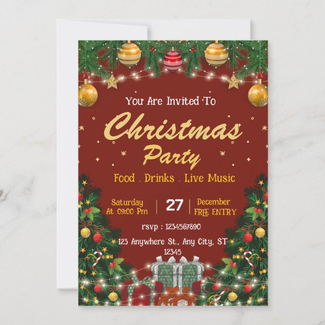 Tarjeta de invitación a evento de Navidad editable (Anverso)