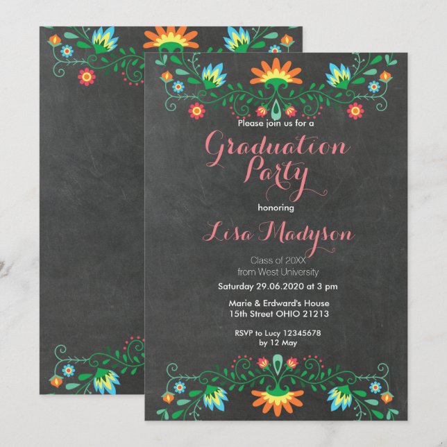 Tarjeta de invitación a Fiesta mexicano para gradu (Anverso / Reverso)