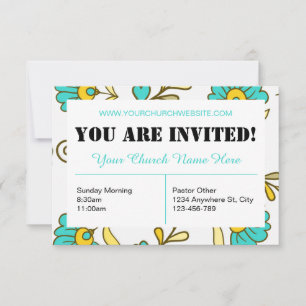 Tarjeta de invitación a iglesia floral verde azula