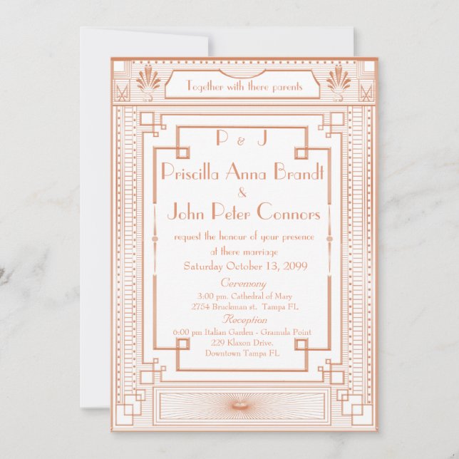 Tarjeta de invitación a la boda,Art Deco, blanco,  (Anverso)