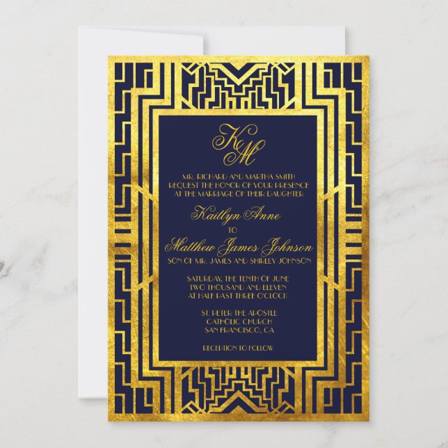 Tarjeta de invitación a la boda Art Deco de la Mar (Anverso)