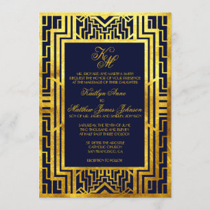 Tarjeta de invitación a la boda Art Déco de Navy G