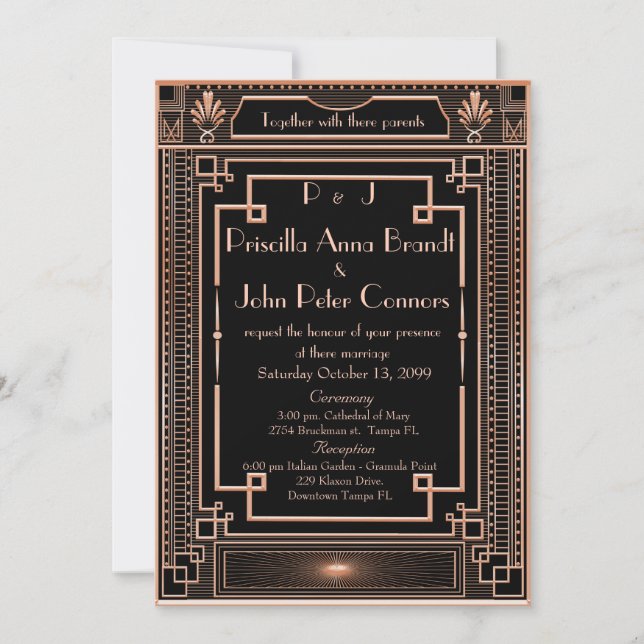 Tarjeta de invitación a la boda, Art Déco, negro,  (Anverso)