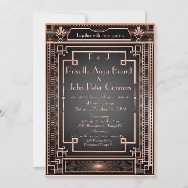 Tarjeta de invitación a la boda, Art Deco, negro,  (Anverso)