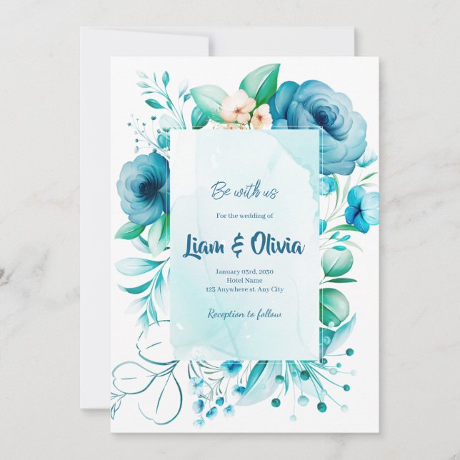 Tarjeta de invitación a la boda azul de floral acu (Anverso)