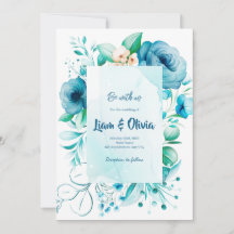 Tarjeta de invitación a la boda azul de floral acu