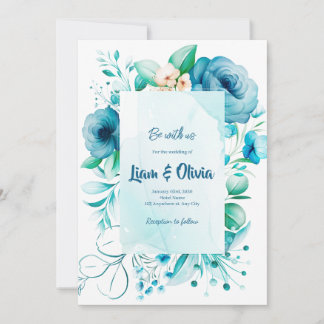 Tarjeta de invitación a la boda azul de floral acu