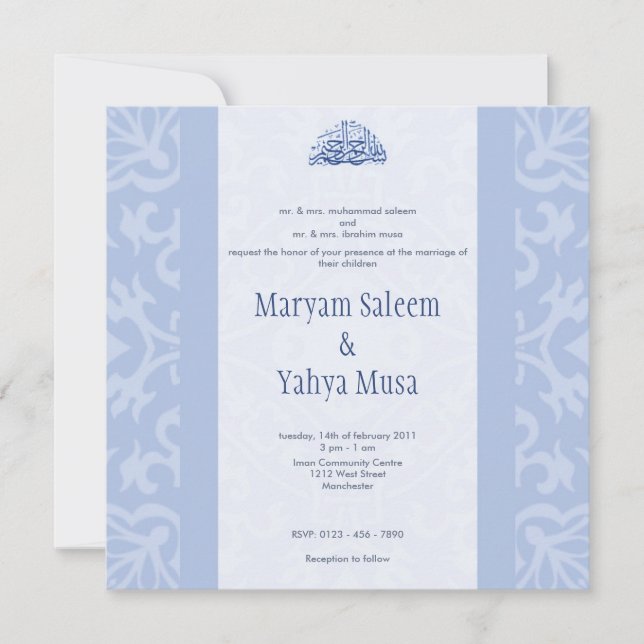 Tarjeta de invitación a la boda azul islámico (Anverso)