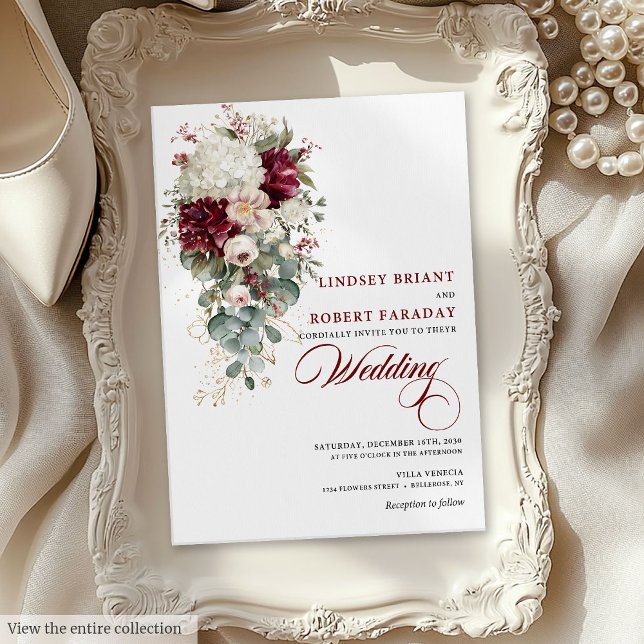 Tarjeta de invitación a la boda blanca del boho rú (Rustic Boho Burgundy White Wedding Invitation Card)