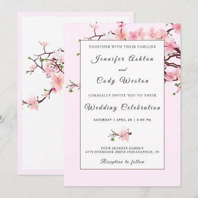 Tarjeta de invitación a la boda blanca rosa con fl (Anverso / Reverso)
