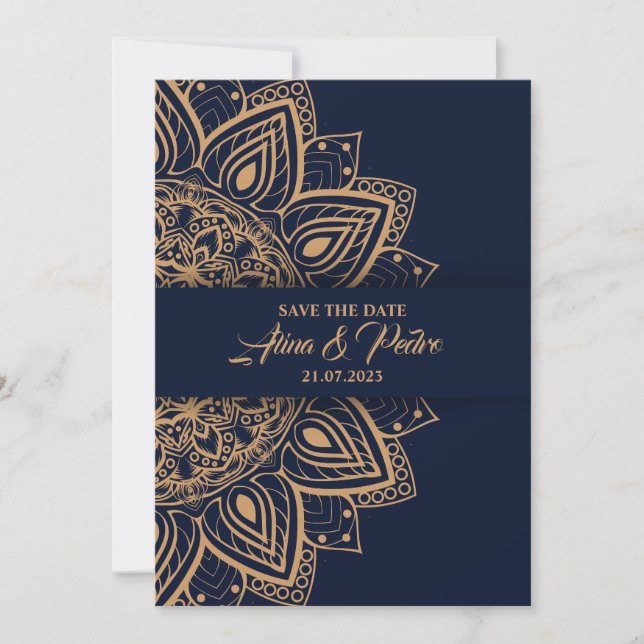 Tarjeta de invitación a la boda Blue Gold de lujo (Anverso)