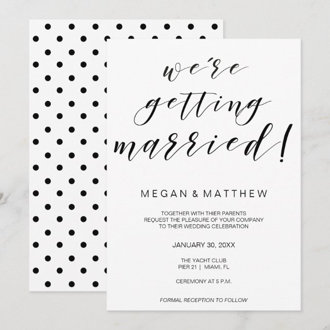 Tarjeta de invitación a la boda caligráfica blanco (Anverso / Reverso)