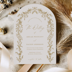 Tarjeta de invitación a la boda con arcos de oro y