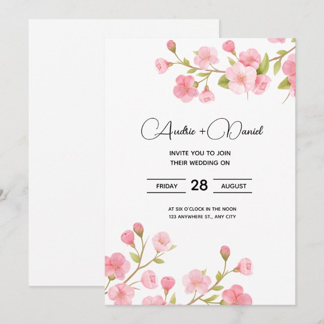 Tarjeta de invitación a la boda de cerezos Sakura  (Anverso / Reverso)