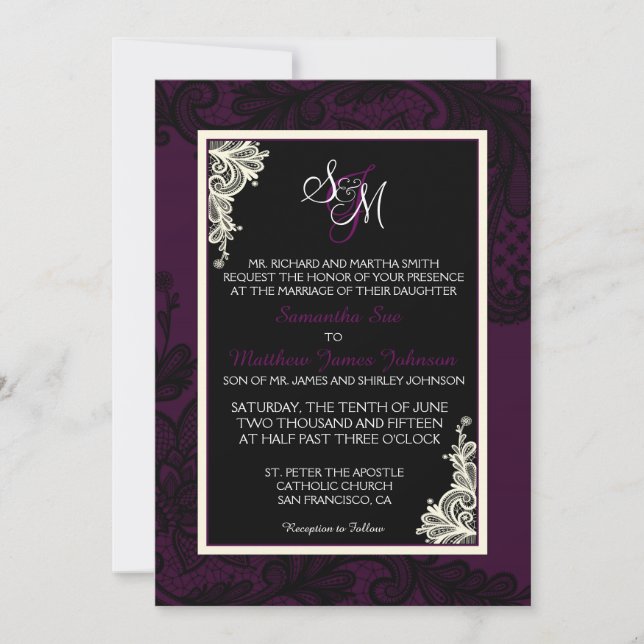 Tarjeta de invitación a la boda de encaje blanco y (Anverso)