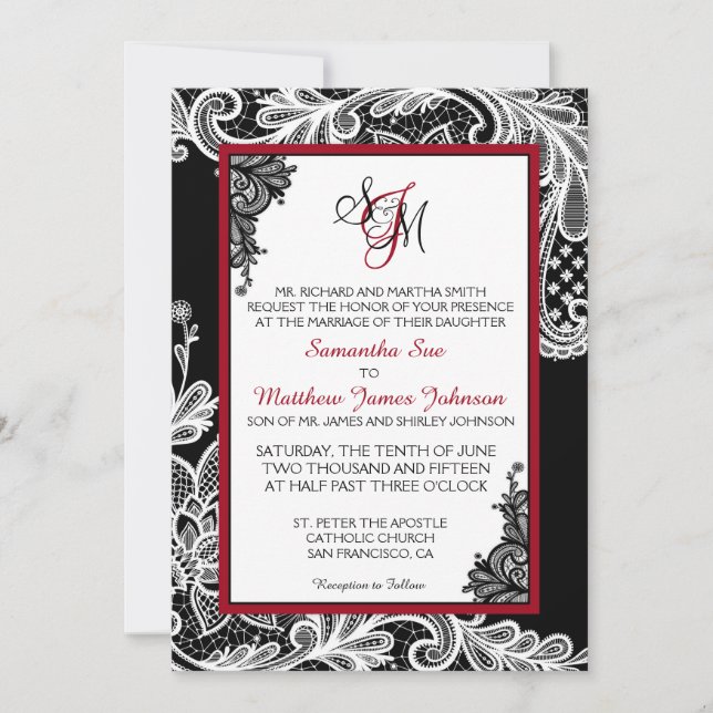 Tarjeta de invitación a la boda de encaje blanco y (Anverso)
