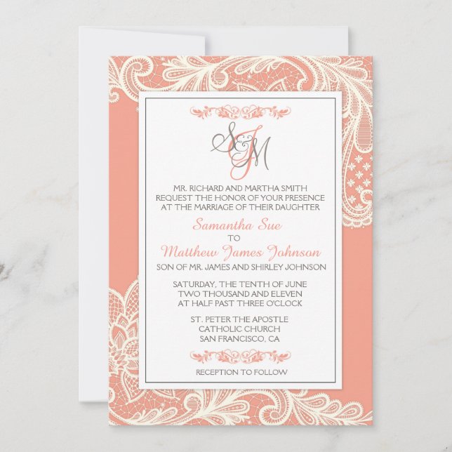Tarjeta de invitación a la boda de encaje blanco y (Anverso)