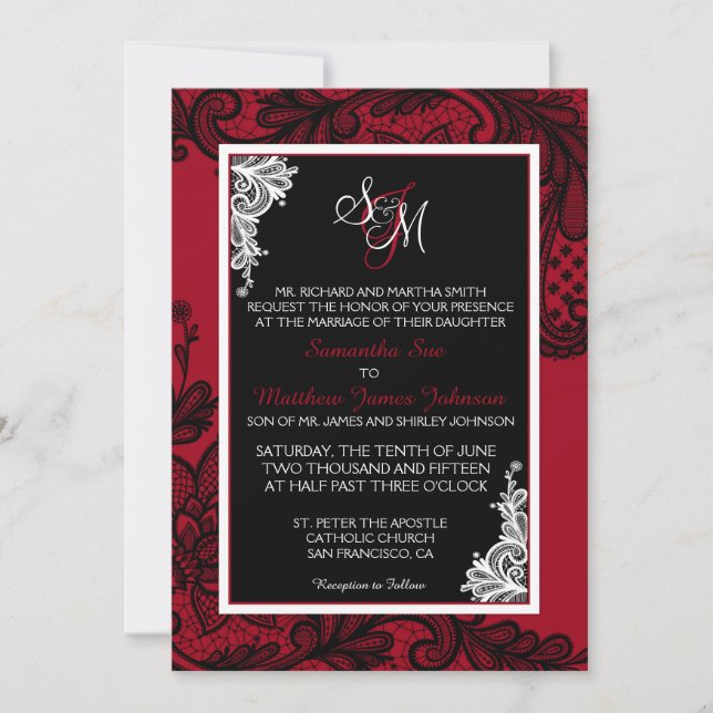 Tarjeta de invitación a la boda de encaje rojo y n (Anverso)
