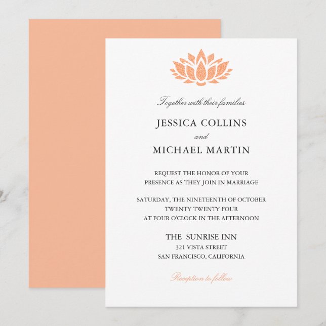 Tarjeta de invitación a la boda de flores de Lotus (Anverso / Reverso)