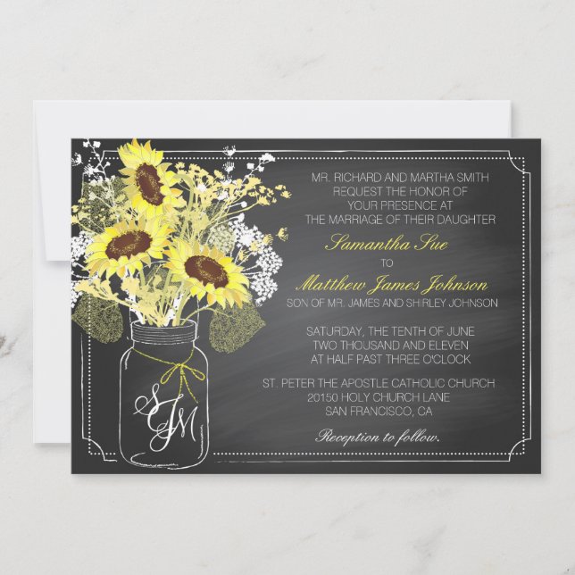 Tarjeta de invitación a la boda de girasoles y piz (Anverso)