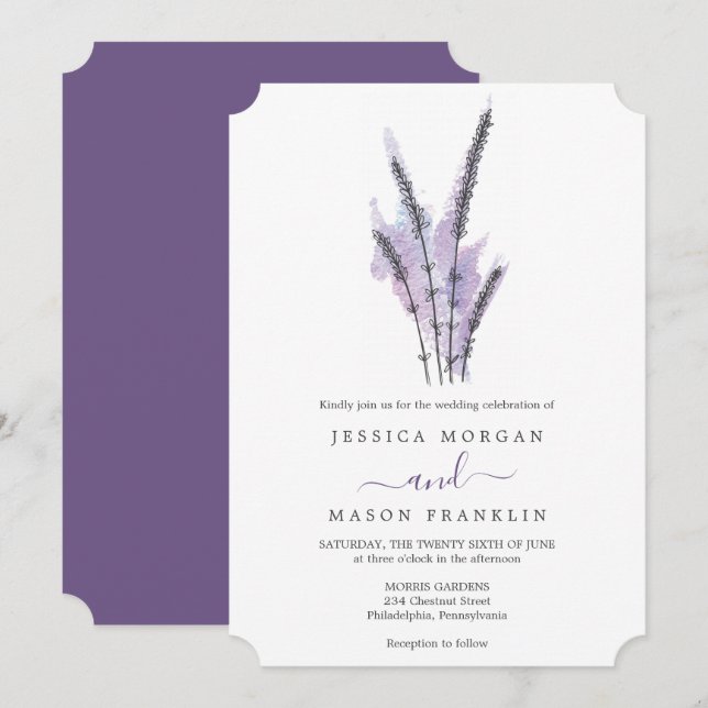 Tarjeta de invitación a la boda de lavanda mínima (Anverso / Reverso)