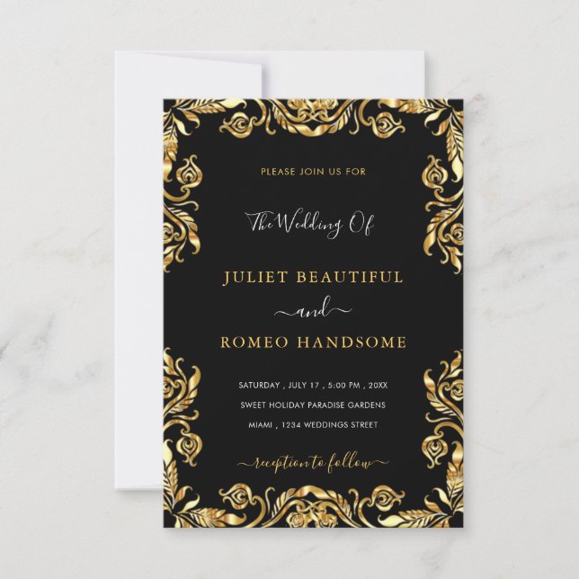 Tarjeta de invitación a la boda de lujo Black Gold (Anverso)