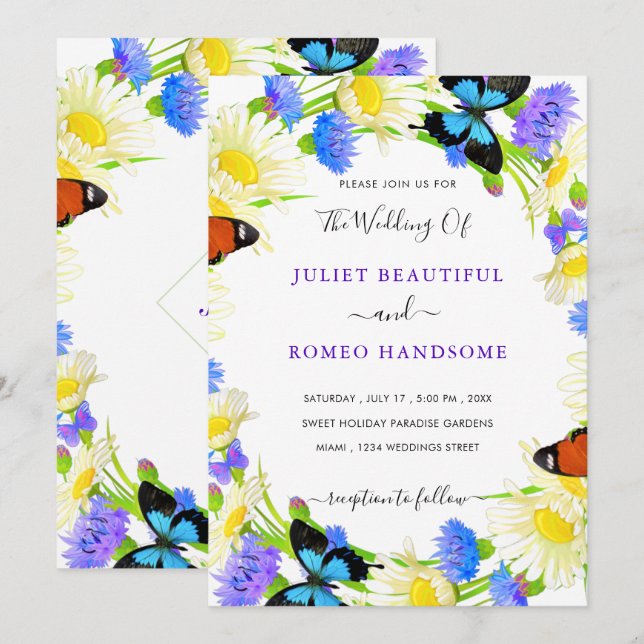 Tarjeta de invitación a la boda de mariposa con fl (Anverso / Reverso)