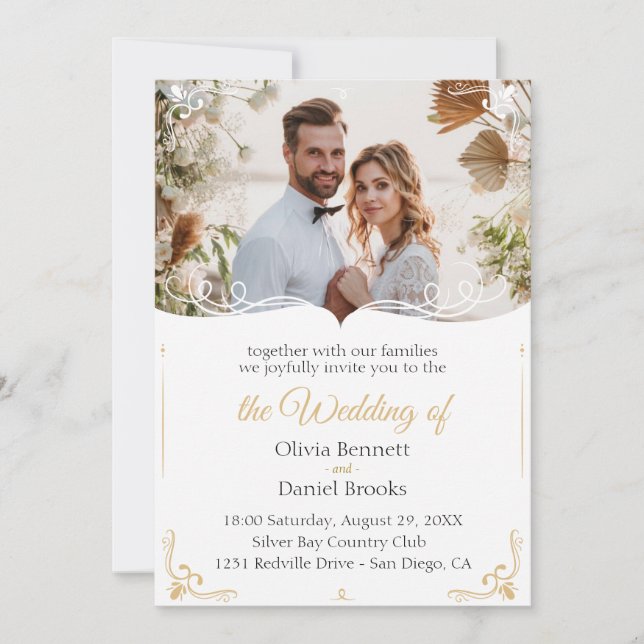 Tarjeta de invitación a la boda de oro con foto (Anverso)