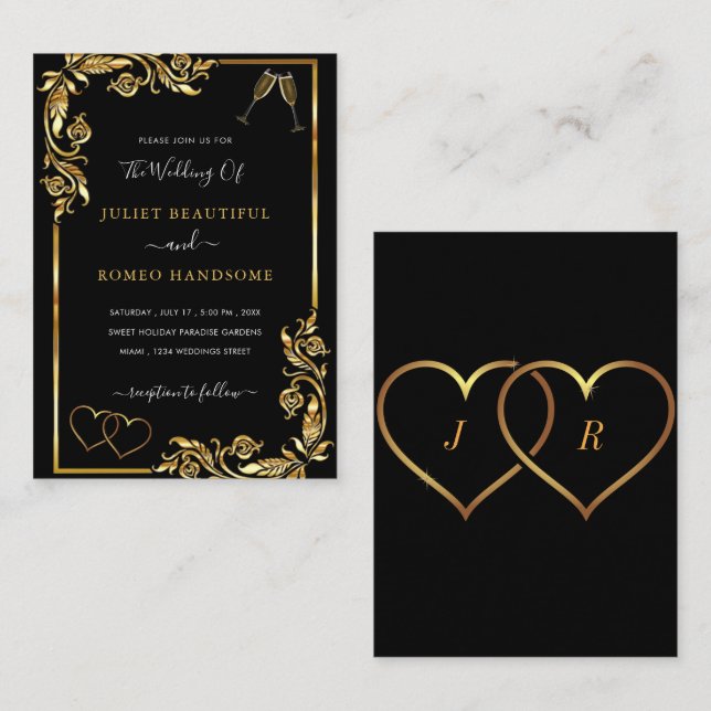 Tarjeta de invitación a la boda de oro y negro (Anverso / Reverso)