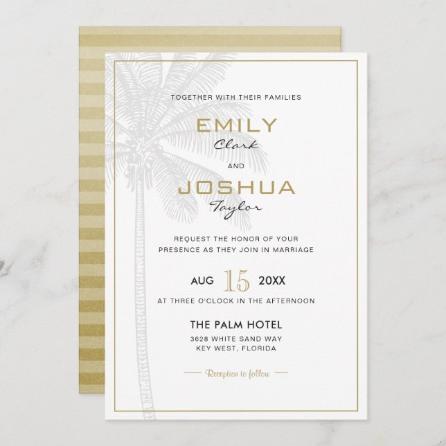 Tarjeta de invitación a la boda de oro y palmeras  (Anverso / Reverso)