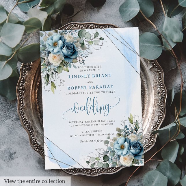 Tarjeta de invitación a la boda de plata azul turq (Luxury Dusty Blue Silver Wedding Invitation Card)