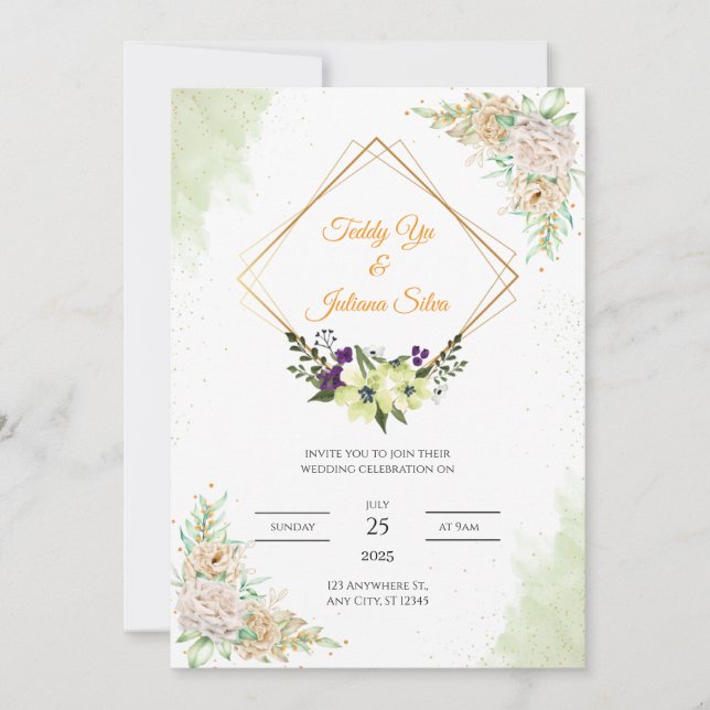 Tarjeta de invitación a la boda de Sage Green Flor (Anverso)