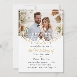 Tarjeta de invitación a la boda dorada con foto