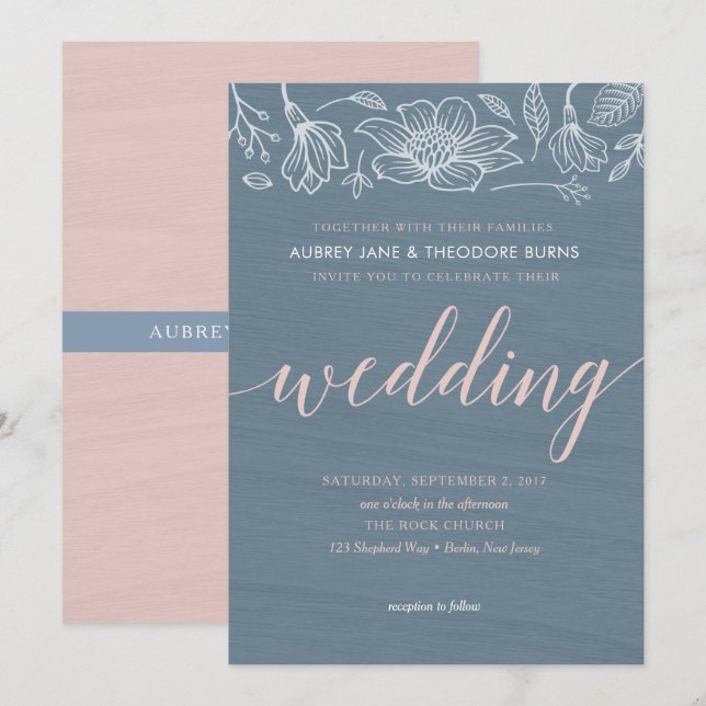 Tarjeta de invitación a la boda Dusty Blue & Rubor (Anverso / Reverso)