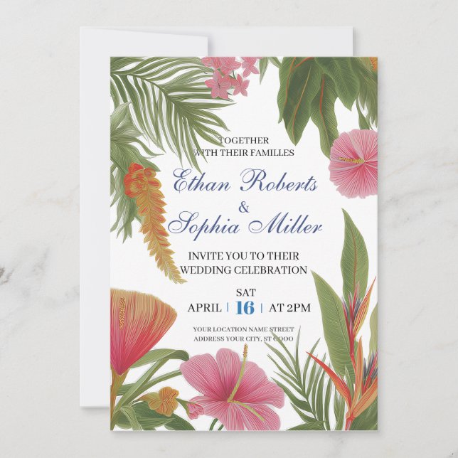 Tarjeta de invitación a la boda en Bloom Tropical (Anverso)