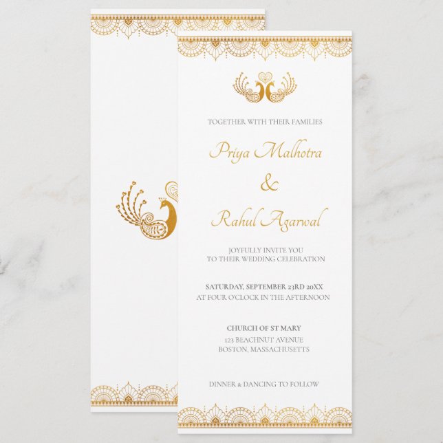 Tarjeta de invitación a la boda étnica de oro indi (Anverso / Reverso)